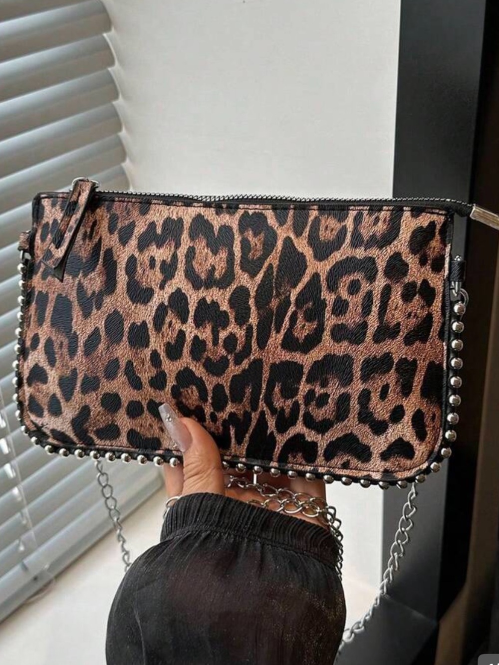Leopard Print Chain Crossbody Bag - Black & Brown